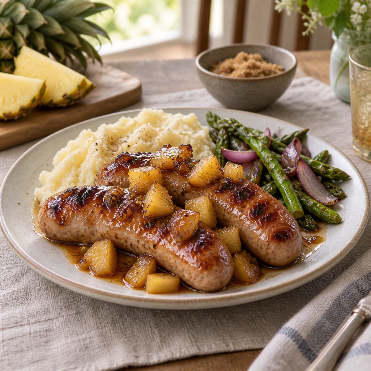A finished serving of Grilled Pineapple Brown Sugar Brats