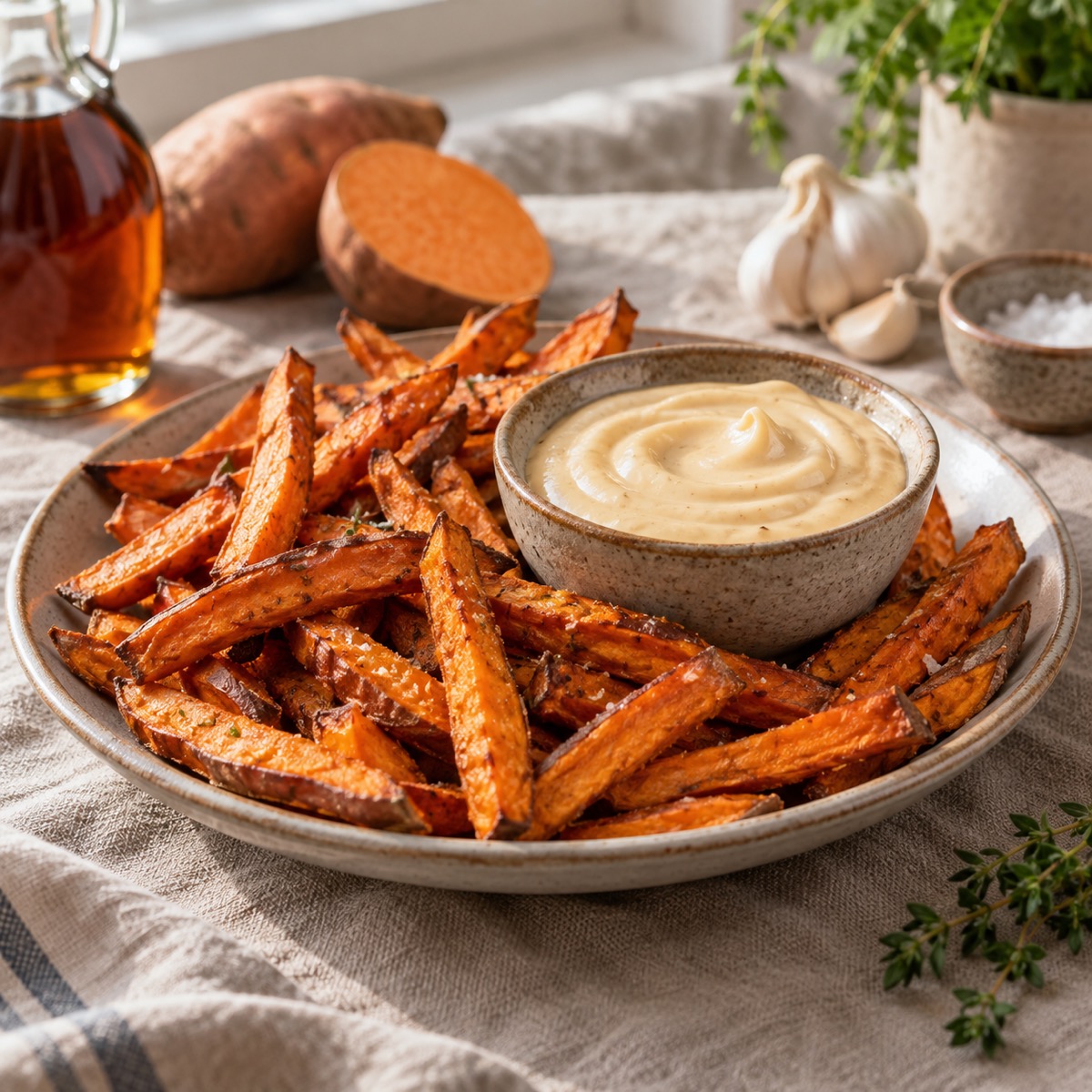 Creamy maple aioli in a small bowl surrounded by roasted sweet potato wedges