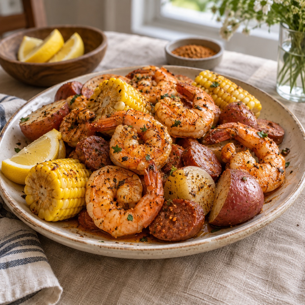 A finished serving of Shrimp, Corn and Sausage Boil