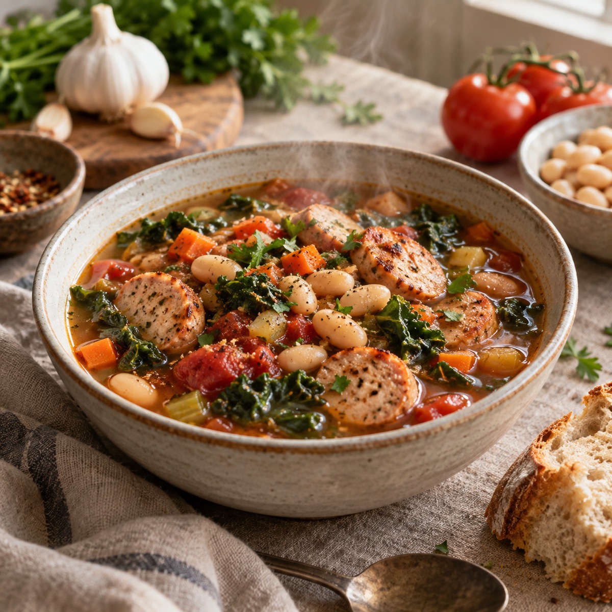 A finished serving of One-Pot Chicken Sausage and Bean Soup