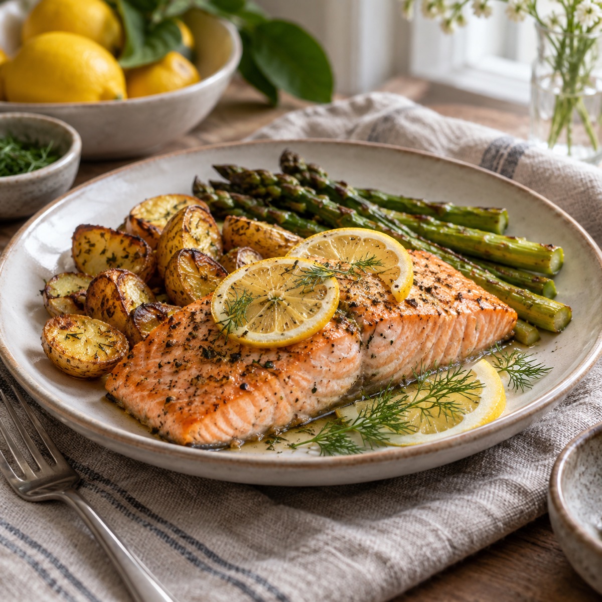 A finished serving of Oven Baked Salmon