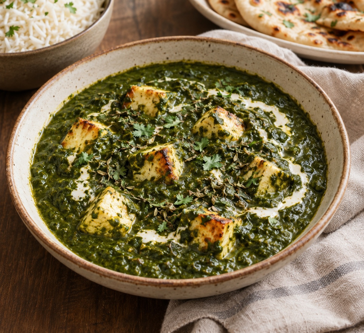 Vivid spinach curry with browned paneer cubes, cream, cilantro, rice, and naan