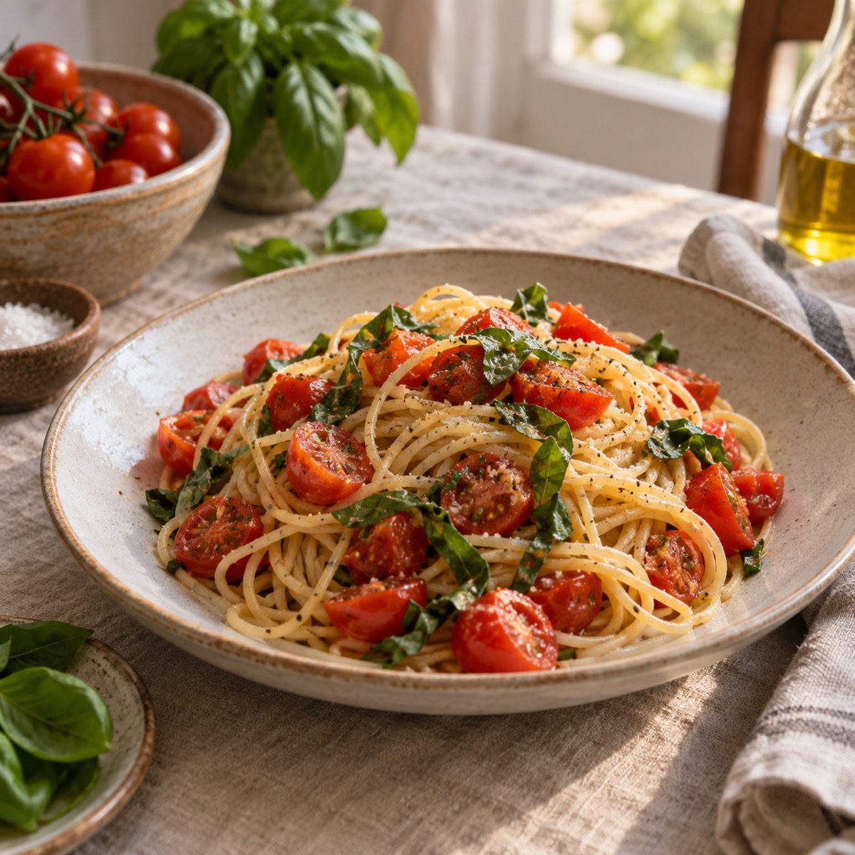 A finished serving of Pasta alla Checca