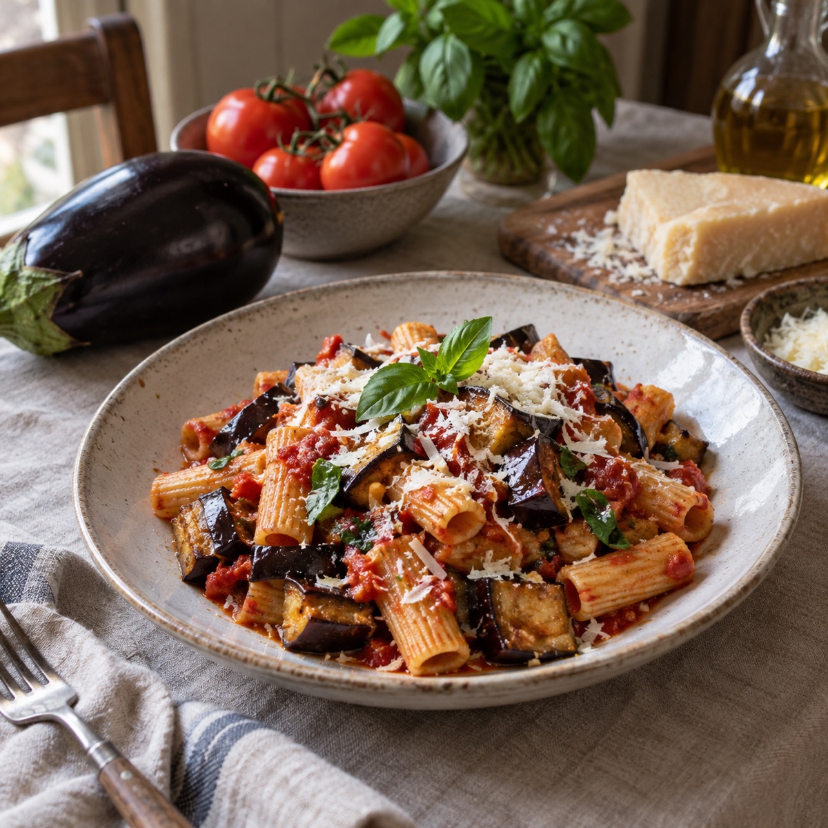 A finished serving of Pasta alla Norma