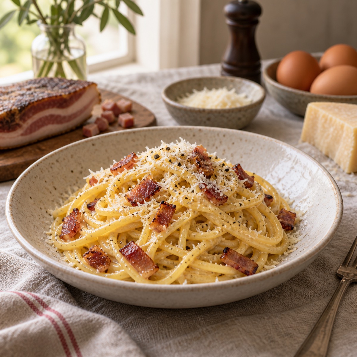 A finished serving of Pasta Carbonara