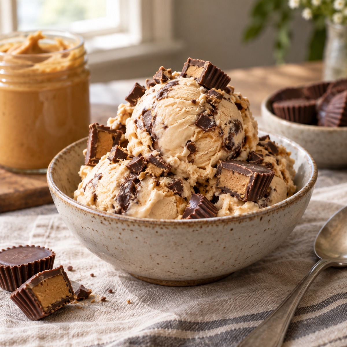 A finished serving of Peanut Butter Cup Ice Cream