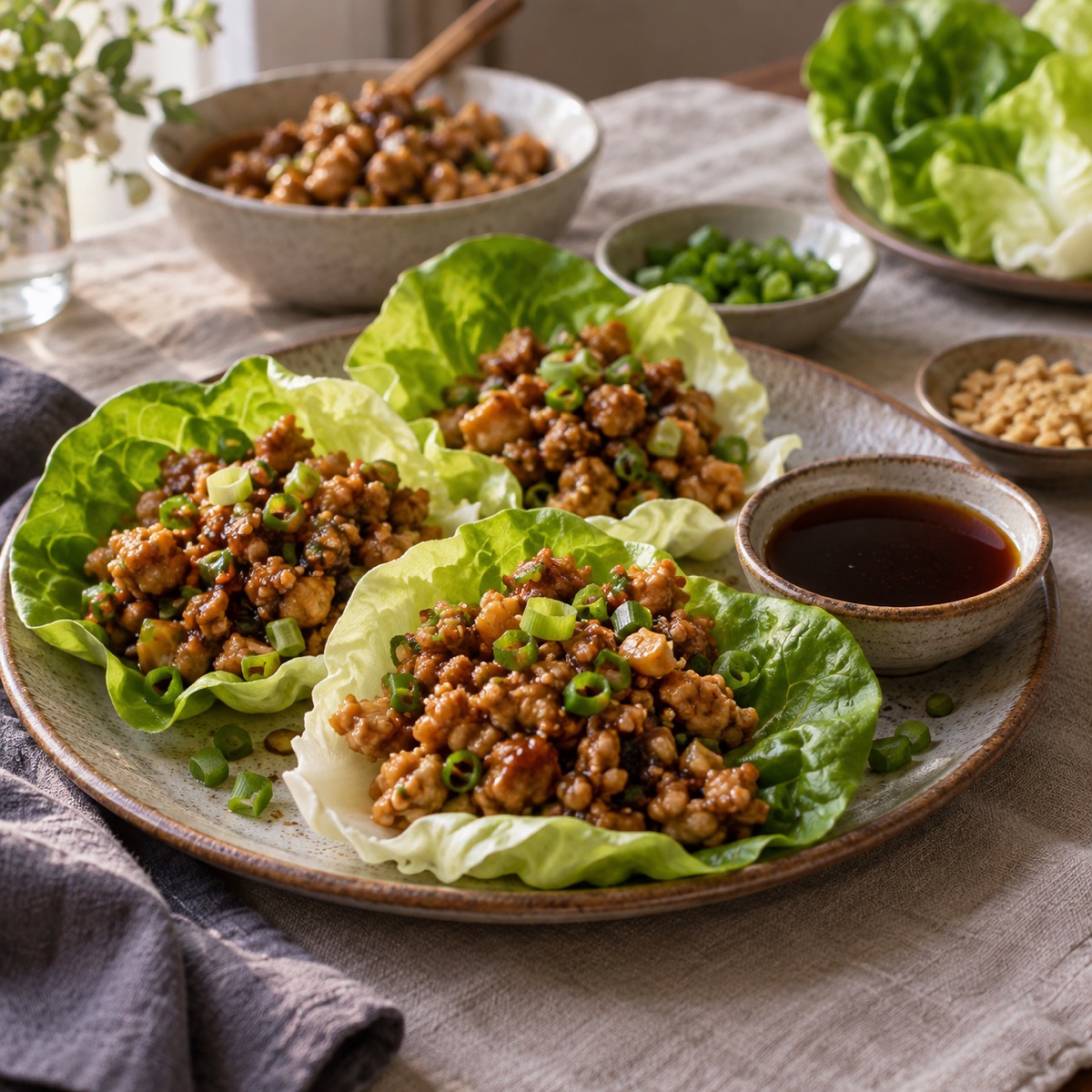 A finished serving of Chicken Lettuce Wraps