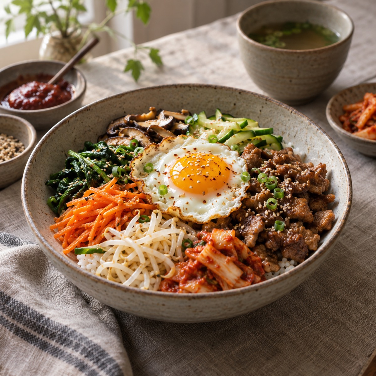 A finished serving of Pork and Veggie Bibimbap