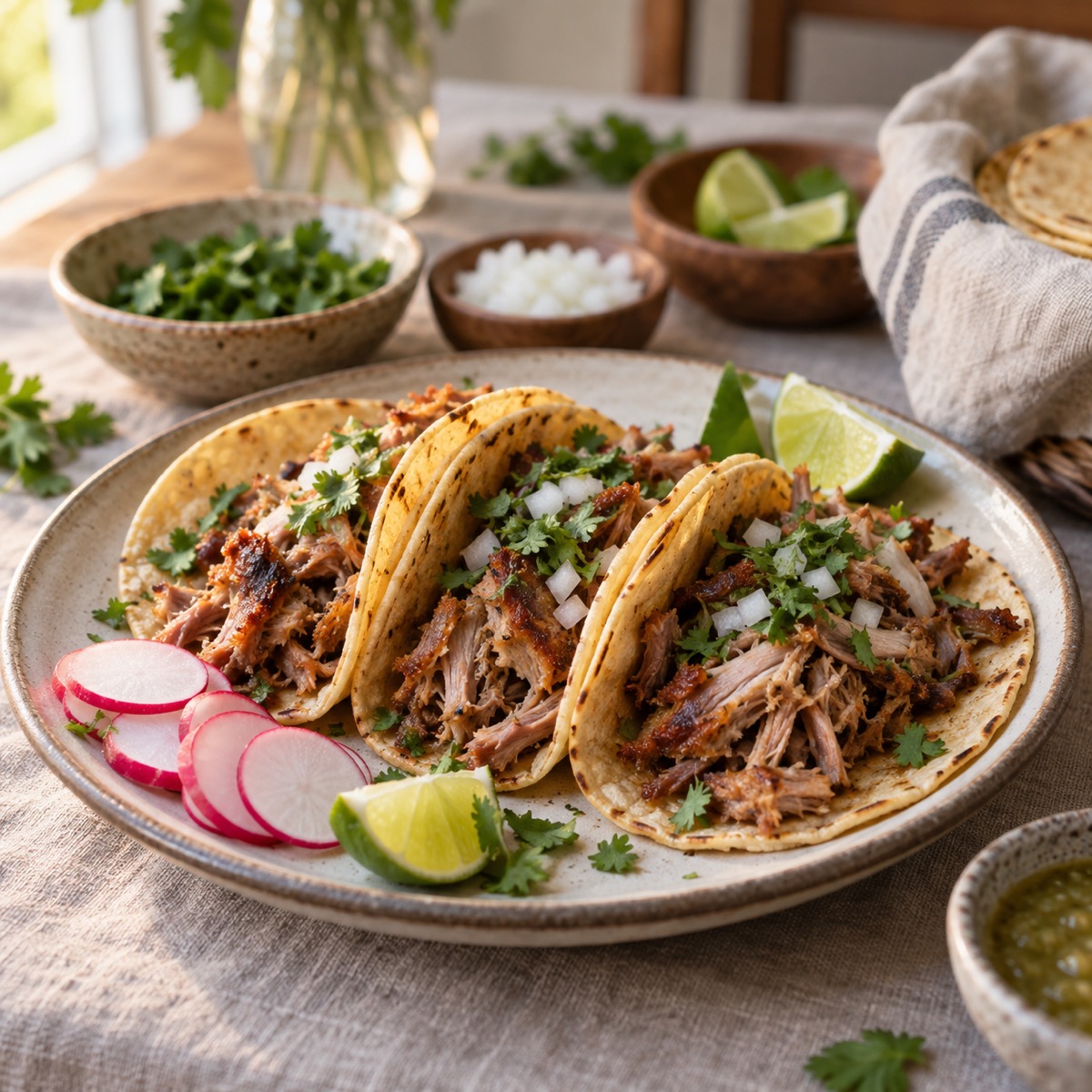A finished serving of Pork Carnitas Tacos