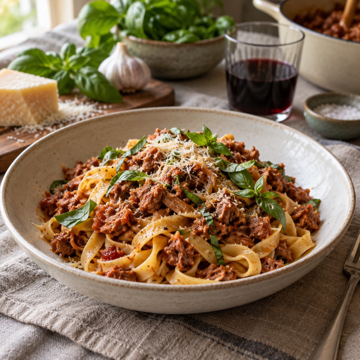 A finished serving of Pork Ragù and Fresh Basil Fettuccine