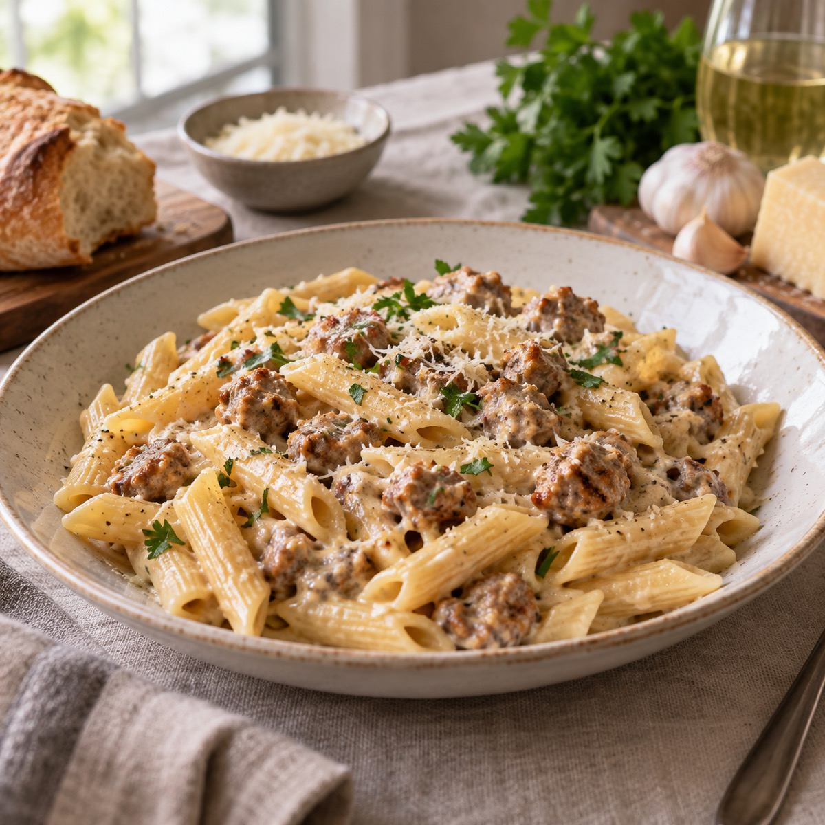 A finished serving of Pork Sausage Penne in a Creamy Sauce