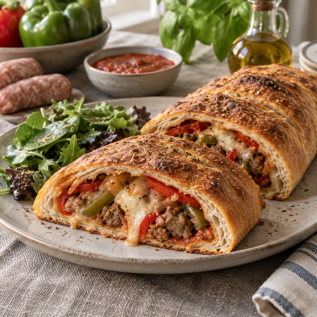 A finished serving of Pork Sausage and Pepper Calzones