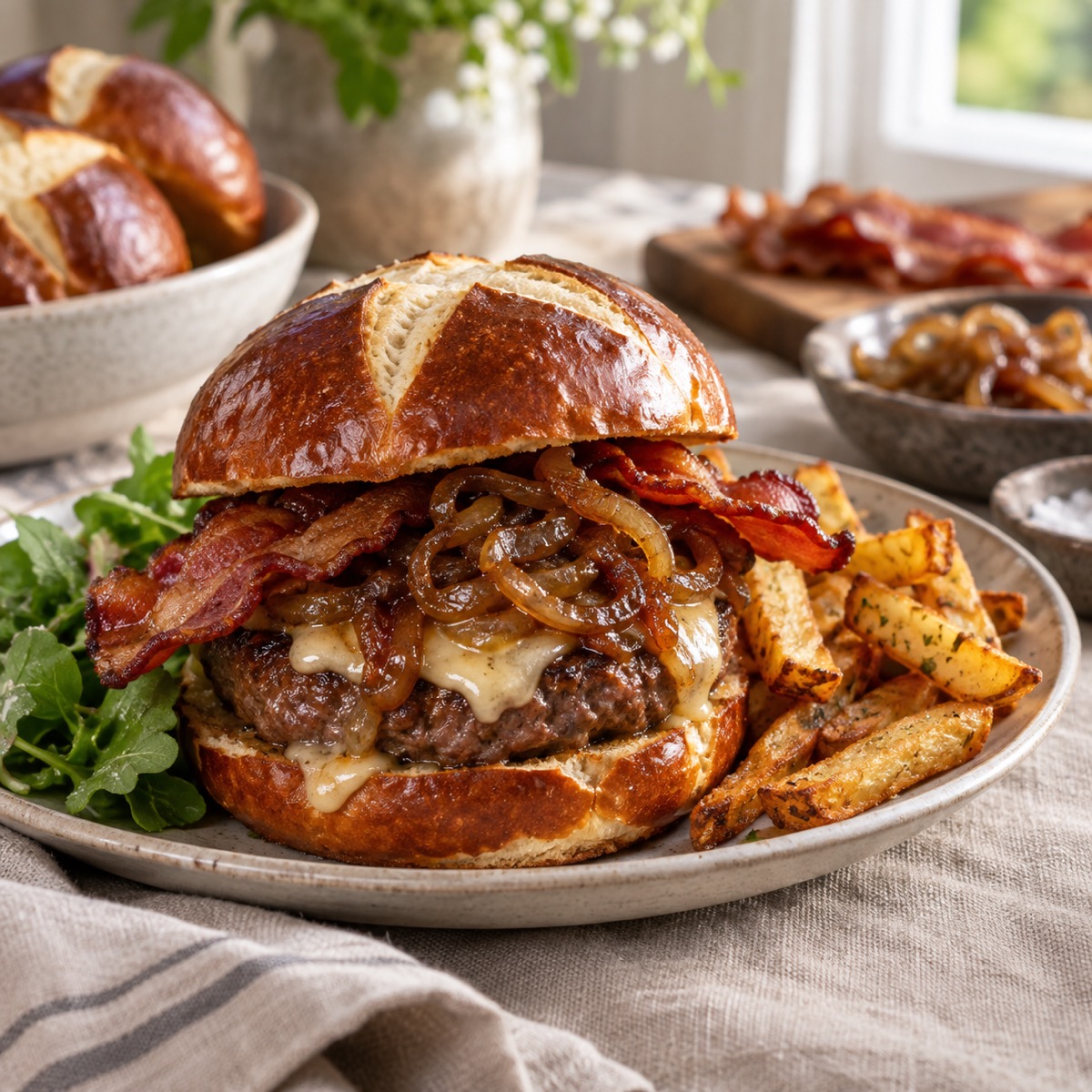 A finished serving of Pretzel Bun Burger with Caramelized Onions and Bacon