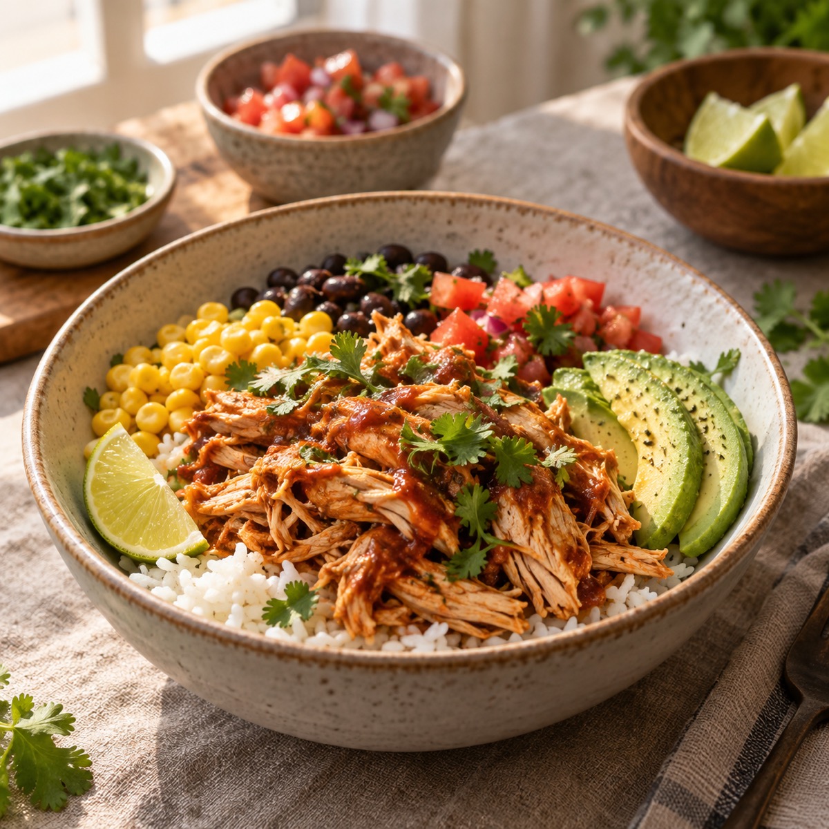 A finished serving of Pulled Chicken Rice Bowls