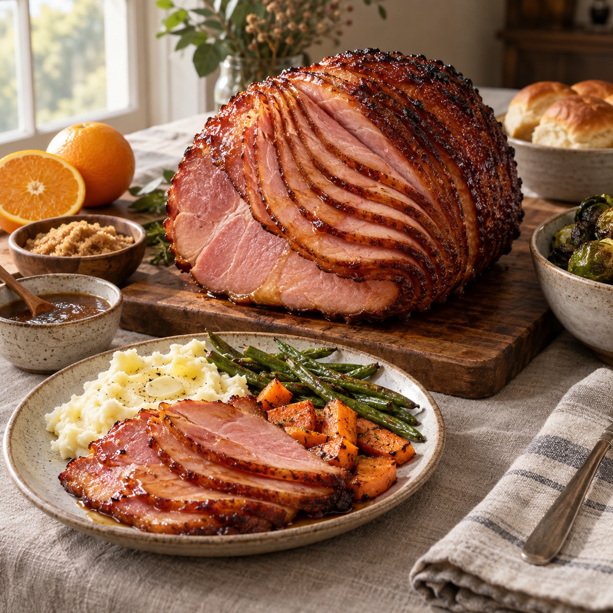 A finished serving of Smoked Spiral Ham