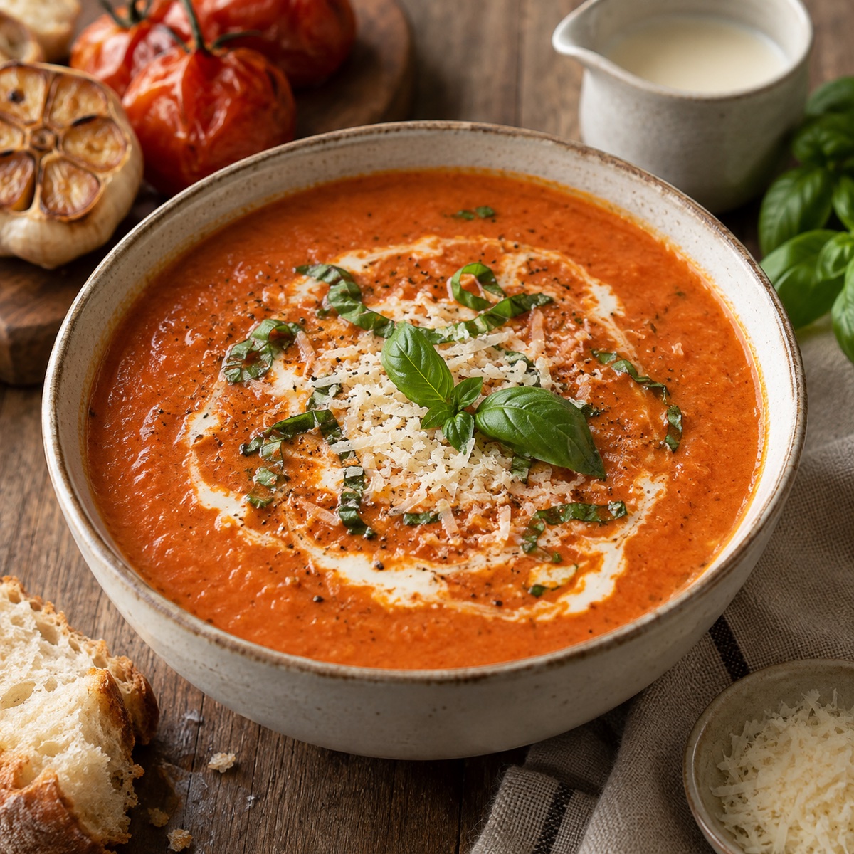Silky roasted tomato bisque with cream, Parmesan, and basil