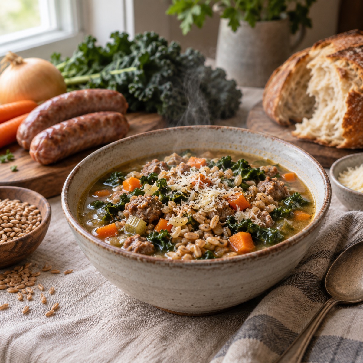 A finished serving of Rustic Farro and Pork Sausage Soup