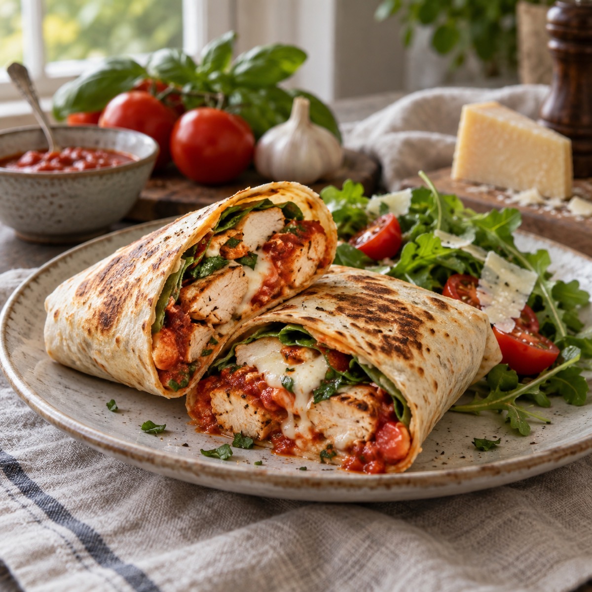 A finished serving of Saucy Italian Chicken Wraps