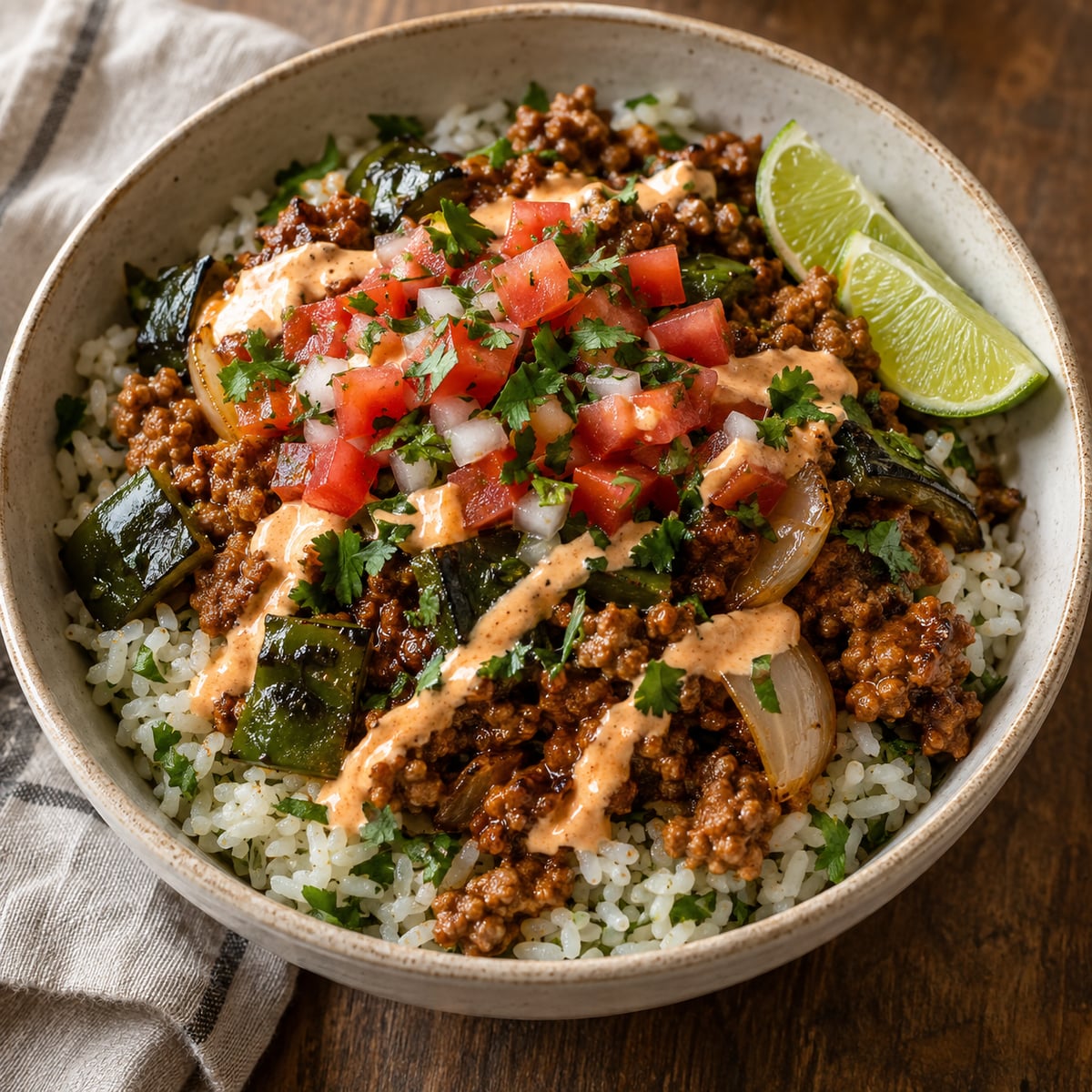 Ground pork and poblano over cilantro-lime rice with tomato salsa and a drizzle of crema