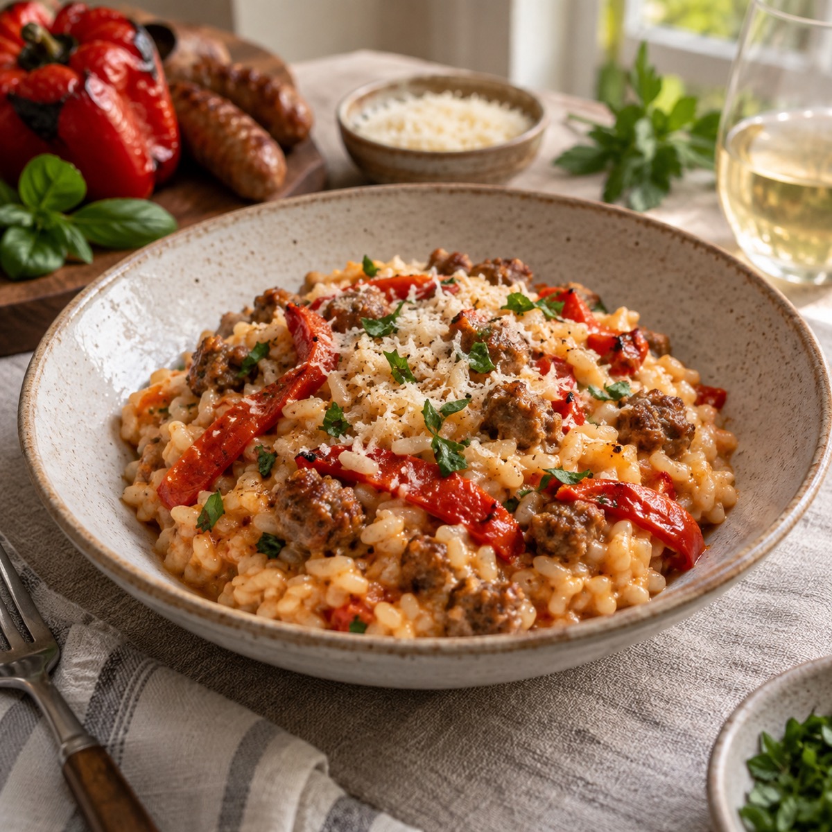 A finished serving of Sausage and Roasted Pepper Risotto
