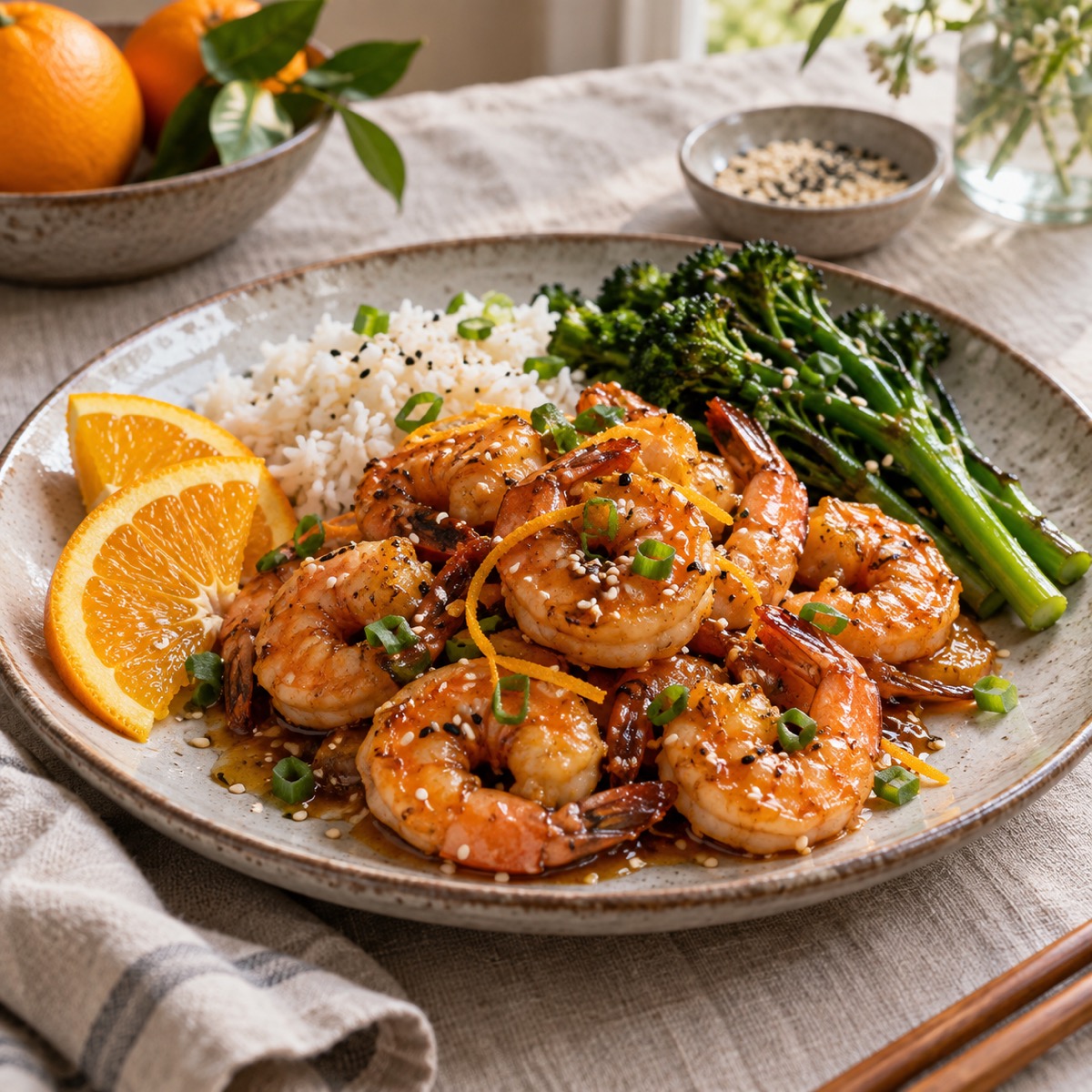 A finished serving of Sesame-Orange Shrimp