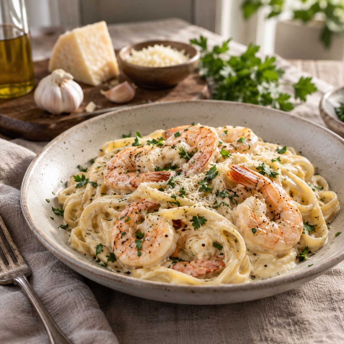 A finished serving of Shrimp Alfredo
