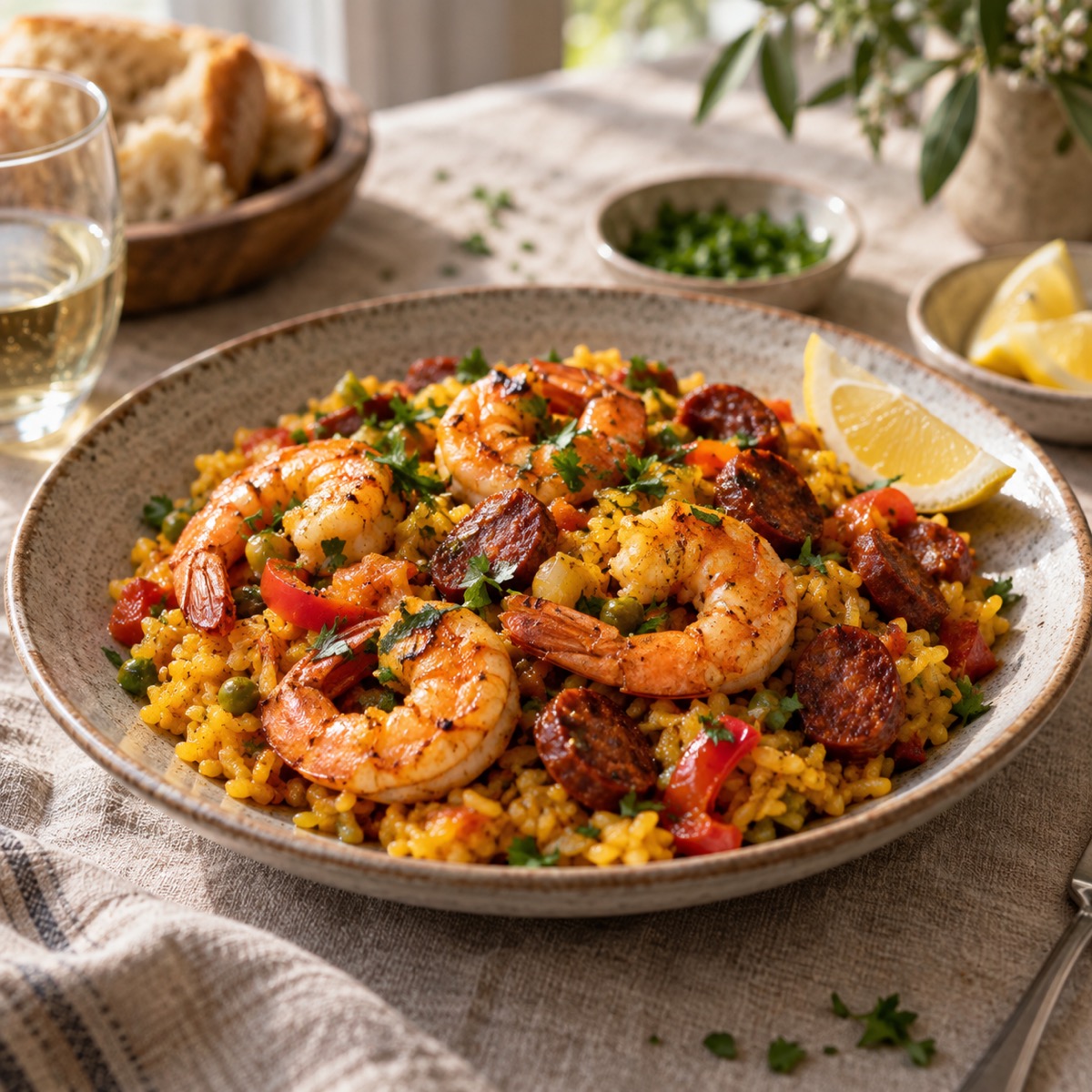 A finished serving of Shrimp and Chorizo Paella