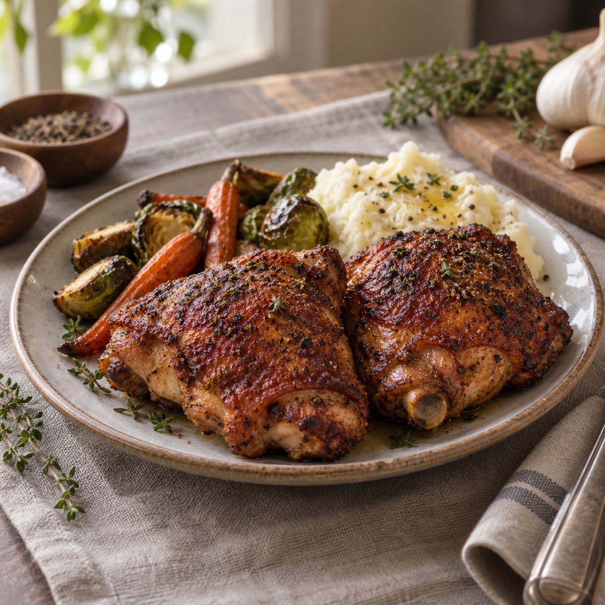 A finished serving of Smoked Bone-In Chicken Thighs