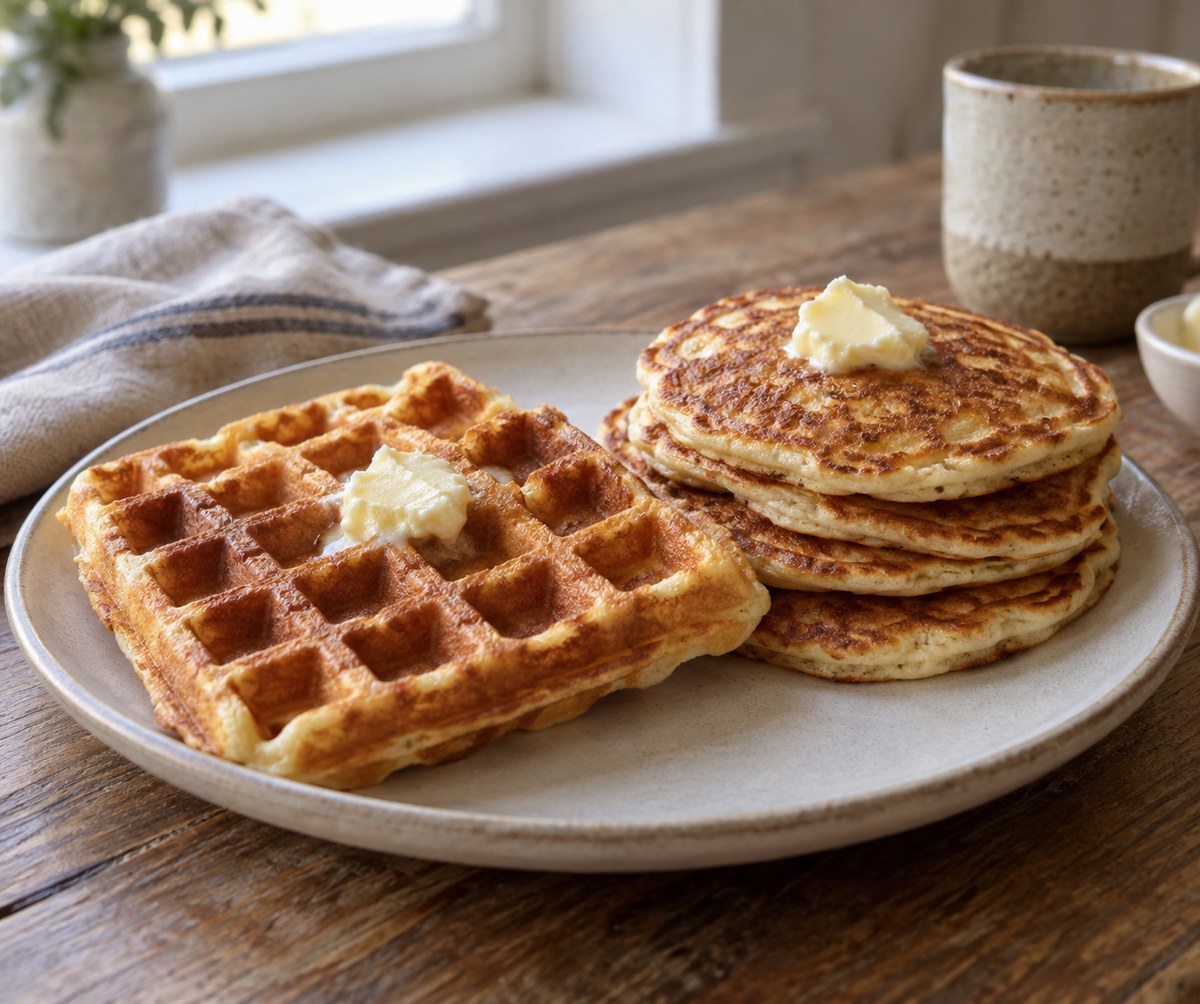 A plate of sourdough waffles and pancakes