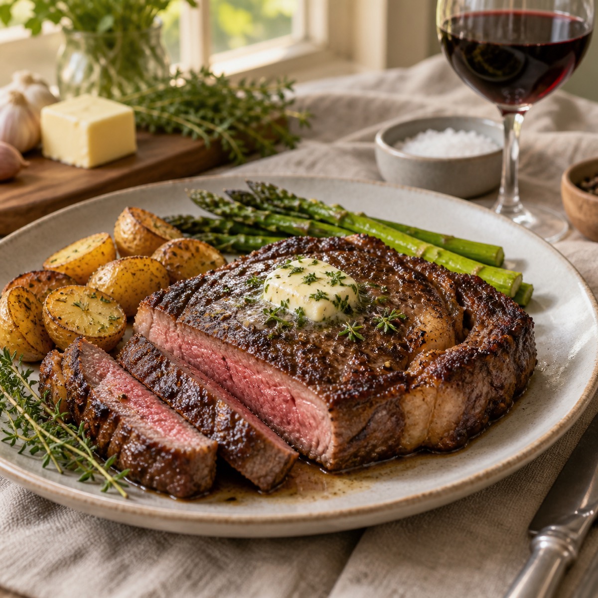 A finished serving of Sous-Vide Prime Delmonico Steaks