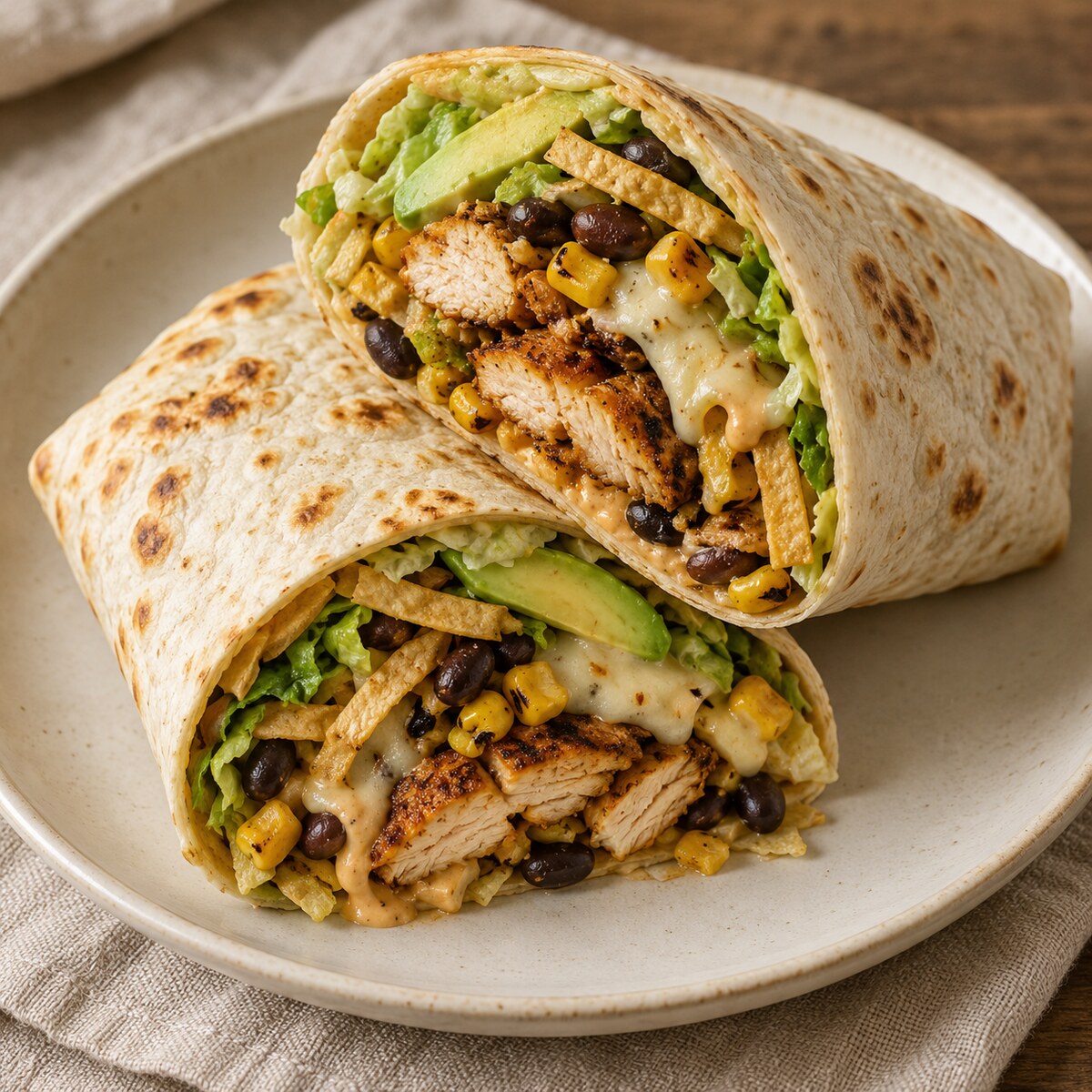 Southwest chicken wraps with corn, black beans, avocado, pepper jack, and chipotle-lime sauce