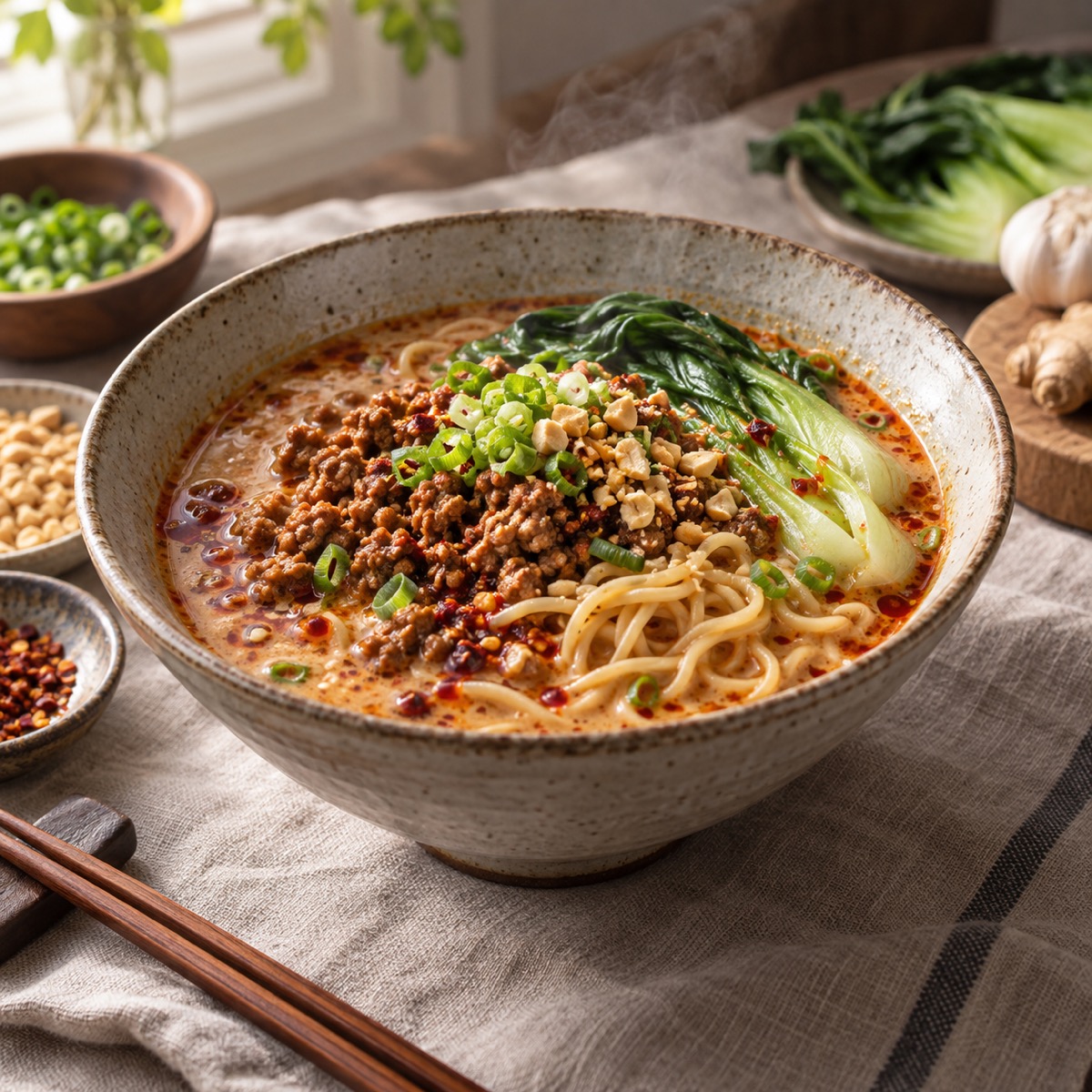 A finished serving of Spicy Pork Dan Dan Noodle Ramen