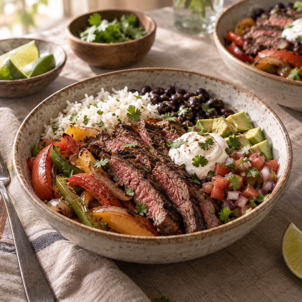 A finished serving of Steak Fajita Bowls