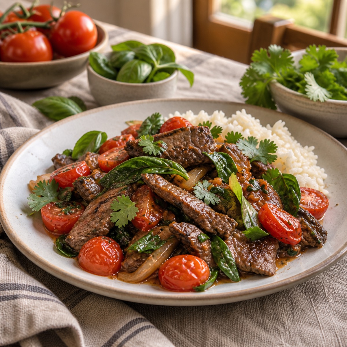 A finished serving of Steak Stir-Fry with Tomatoes, Basil, and Cilantro