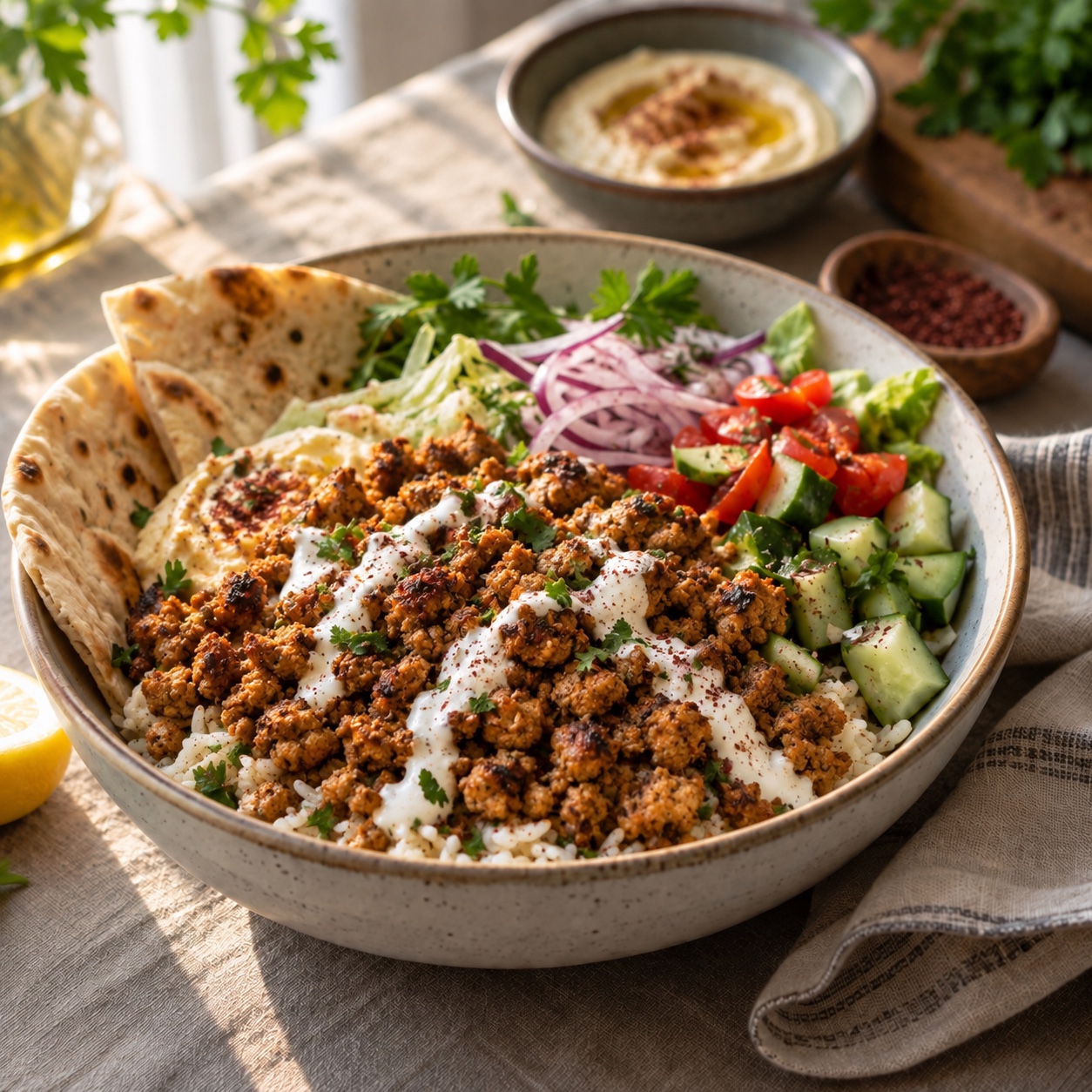 A finished serving of Street-Cart-Style Chicken Shawarma Bowls