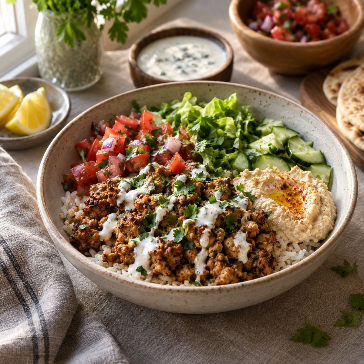 A finished serving of Street Cart–Style Turkey Bowls