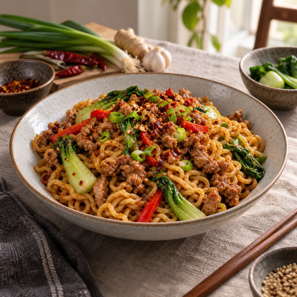 A finished serving of Szechuan Pork Ramen Stir-Fry