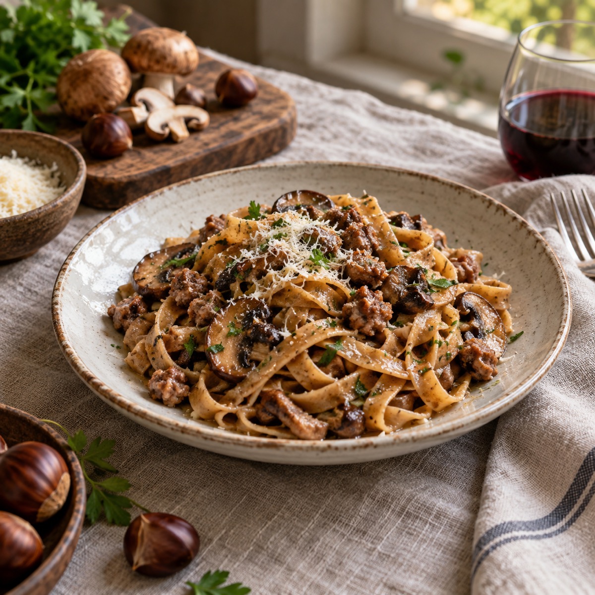 A finished serving of Chestnut Tagliatelle with Mushrooms and Sausage