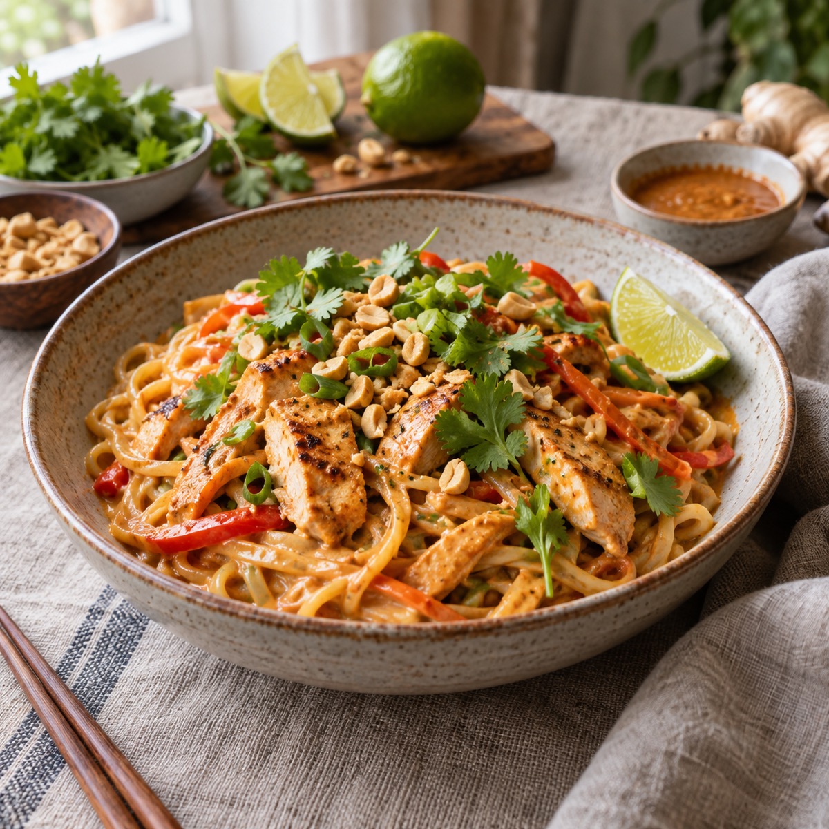 A finished serving of Thai Chicken and Curry-Peanut Noodles