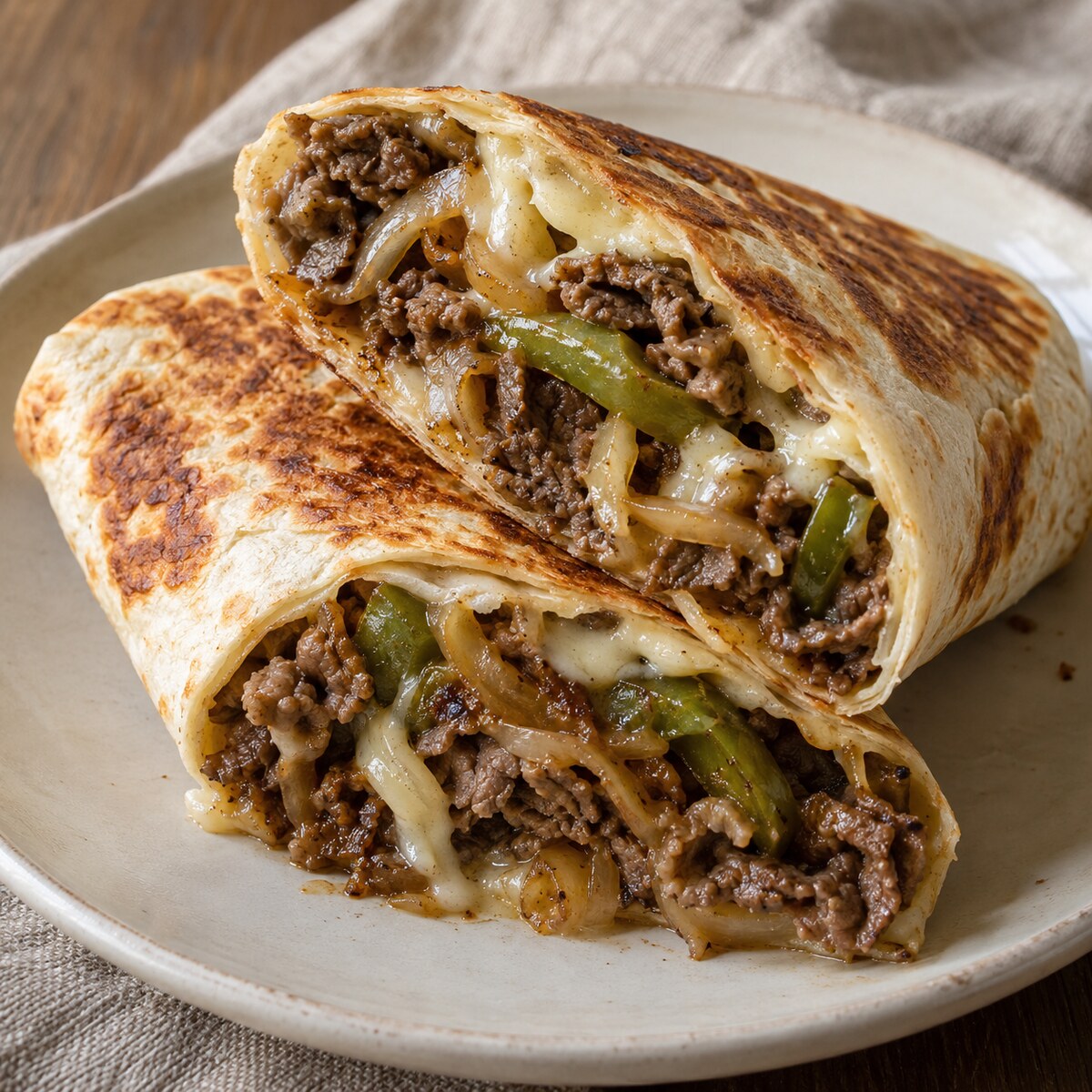 Golden toasted cheesesteak wraps with shaved beef, peppers, onions, and melted provolone