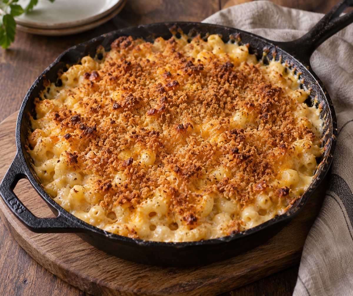 A finished serving of Smoked Mac and Cheese