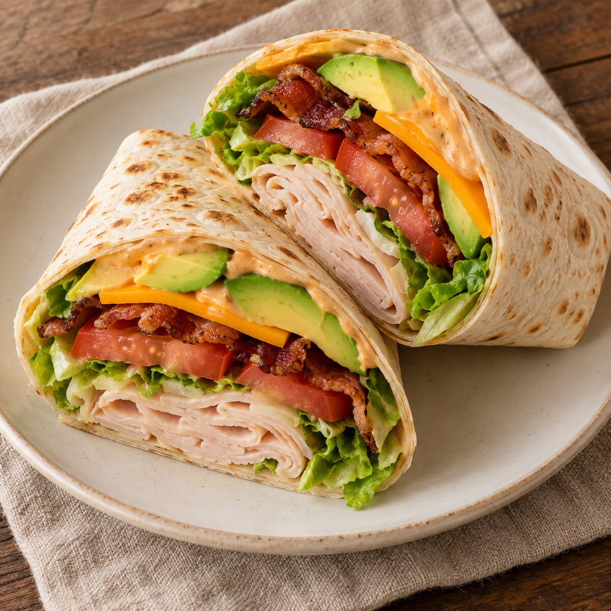 Turkey BLT wraps with avocado, crisp bacon, tomato, romaine, cheddar, and chipotle garlic mayo