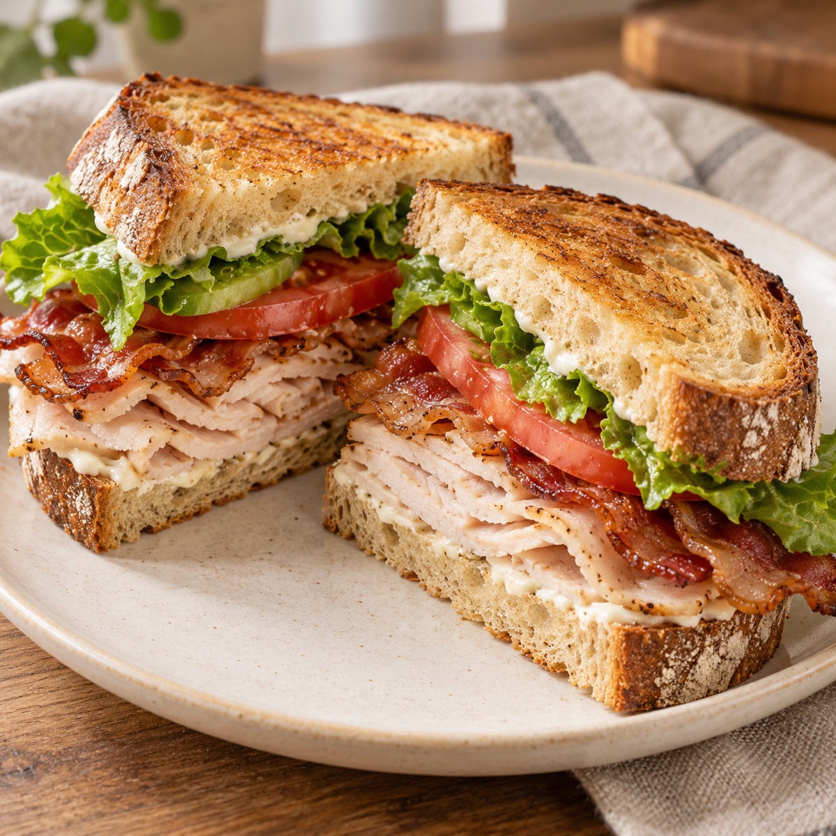 Two halves of a toasted sourdough sandwich filled with turkey, bacon, tomato, and lettuce