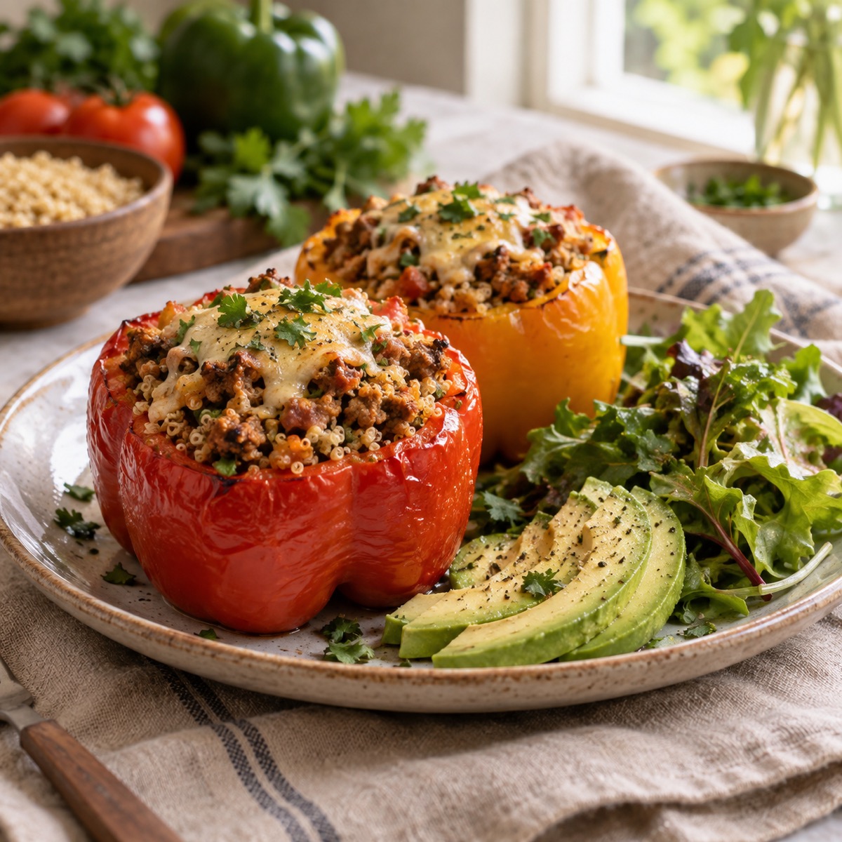 A finished serving of Turkey Quinoa Stuffed Bell Peppers