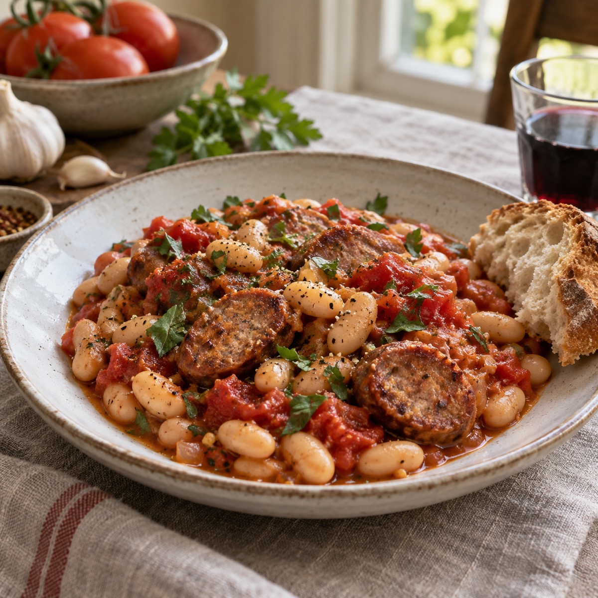 A finished serving of White Beans with Tomato and Sausage