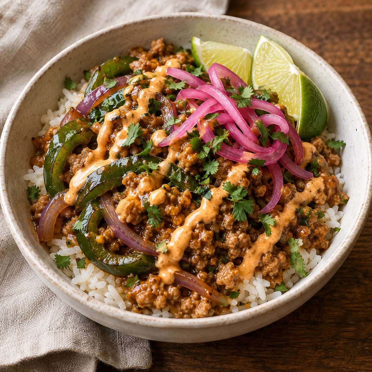 Ground turkey and poblano over rice with pink pickled onions, crema, cilantro, and lime